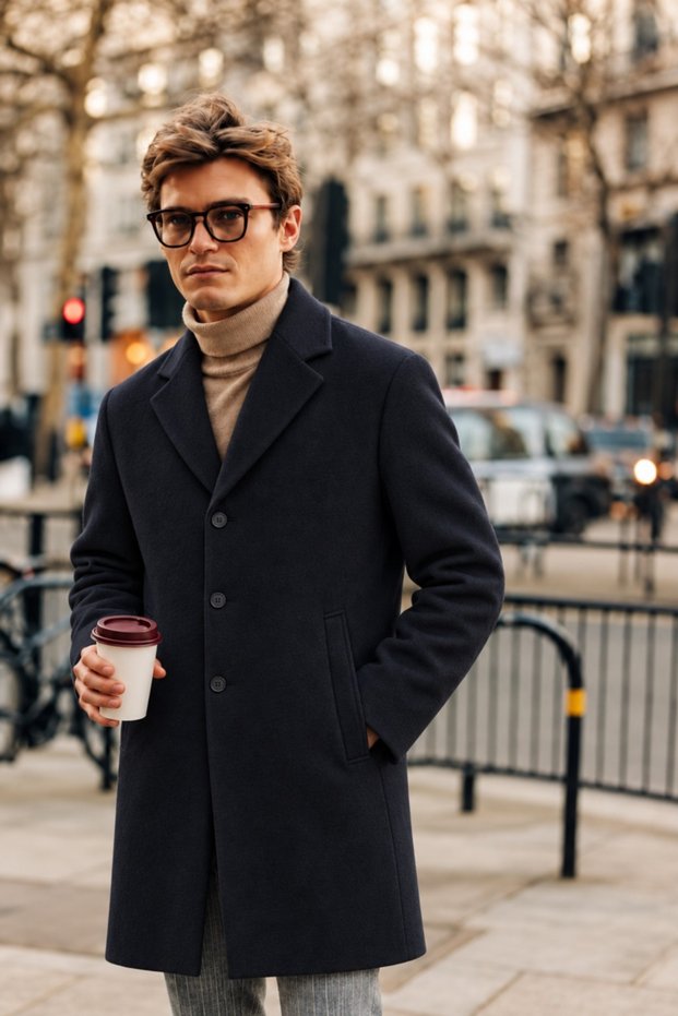 Men's Classic Collar Casual Long Navy Blue Coat