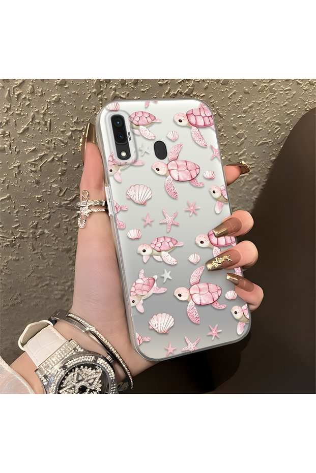 Pink Turtle and Seashell Patterned Silicone Case, Compatible with Samsung Galaxy A30/A20, Featuring a Sweet Design.