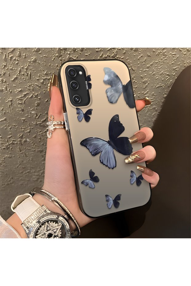 Samsung Galaxy S20 Fe 4G/5G Compatible Black and Gray Butterfly-Printed Protective Case, Offering Impact Protection.
