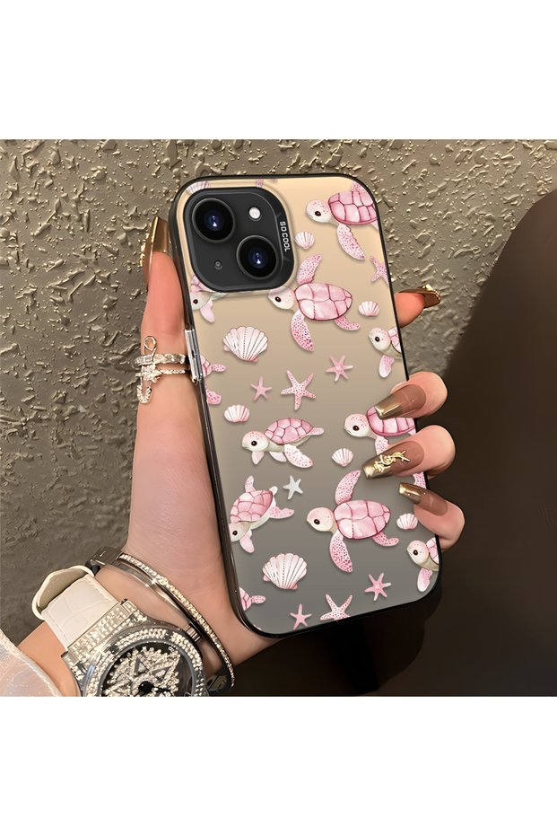 غطاء سيليكون بتصميم لطيف، متوافق مع هواتف iPhone 14 Plus/15 Plus، يتميز بنقشة سلحفاة وردية وقشرة بحرية.