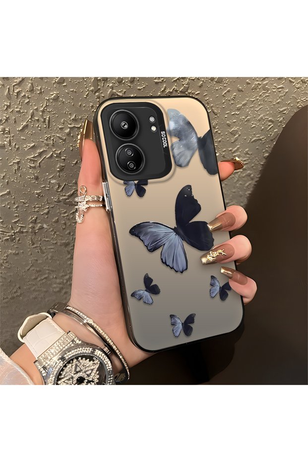 Redmi 13C 4G/5G Compatible Black and Gray Butterfly-Printed Protective Case, Offering Impact Protection.