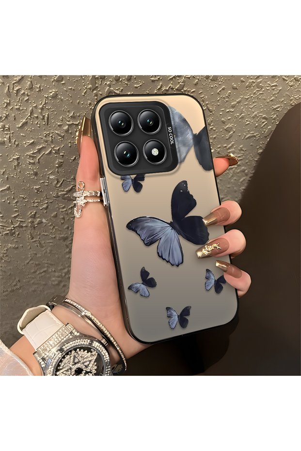 Mi 14t Compatible Black and Gray Butterfly Print Protective Case, with Impact Protection.