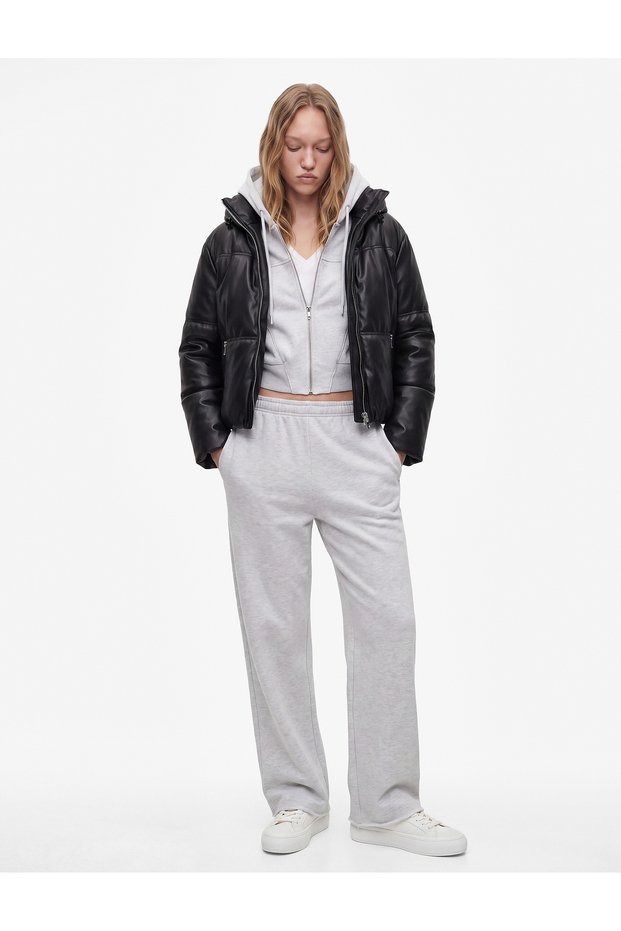 Long-Sleeved, Zippered, Pockets, Hooded, Faux Leather Crop Puffer Jacket.