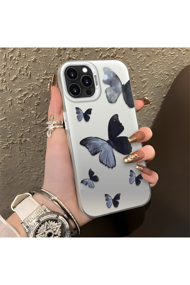Black and Gray Butterfly-Printed Protective Case Compatible with iPhone 13 Pro Max, Offering Impact Protection.