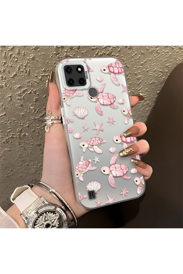 Pink Turtle and Seashell Patterned Silicone Case Compatible with Realme C21Y/C25Y, Featuring a Cute Design.