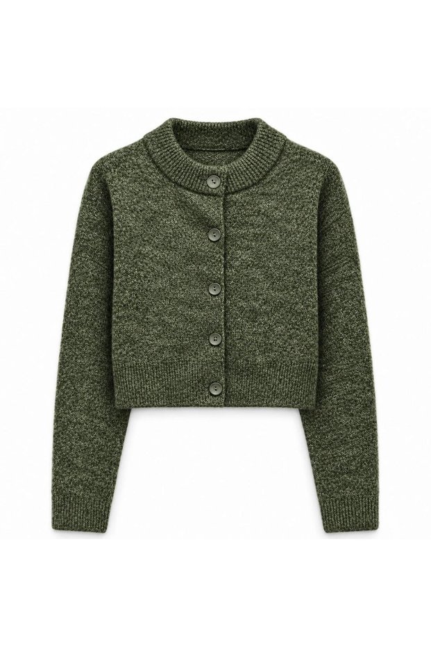 Women's Khaki Green Crew Neck Cropped Button-Down Knit Cardigan.