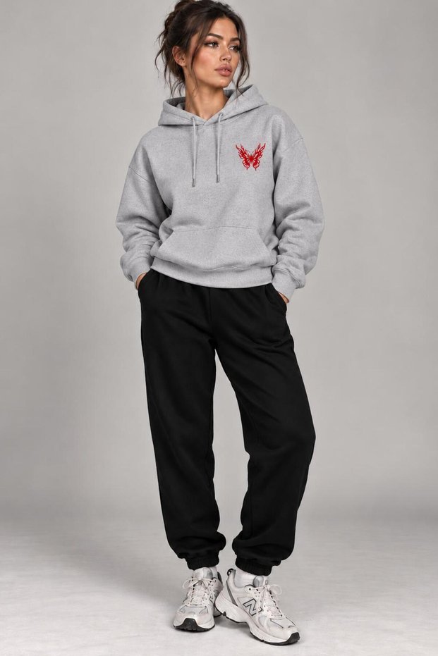 Hoodie Tracksuit 2-Piece Set with Ruffled Top and Bottom, Butterfly Print