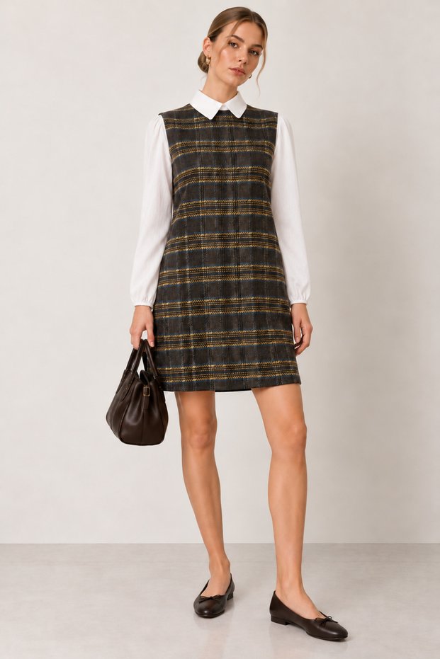 Women's White Shirt Dress with Plaid Pattern, Long Sleeves, and Drawstring Detail.