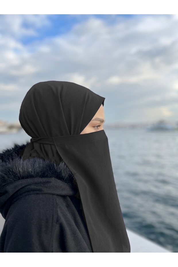 وشاح وجه أسود من الحرير مع حافة مطاطية، مناسب للحجاب.