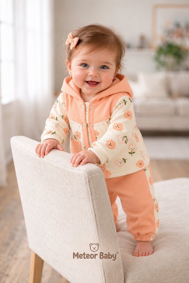 Baby Girl Floral Patterned Hooded Long Sleeve Vest 3-Piece Set
