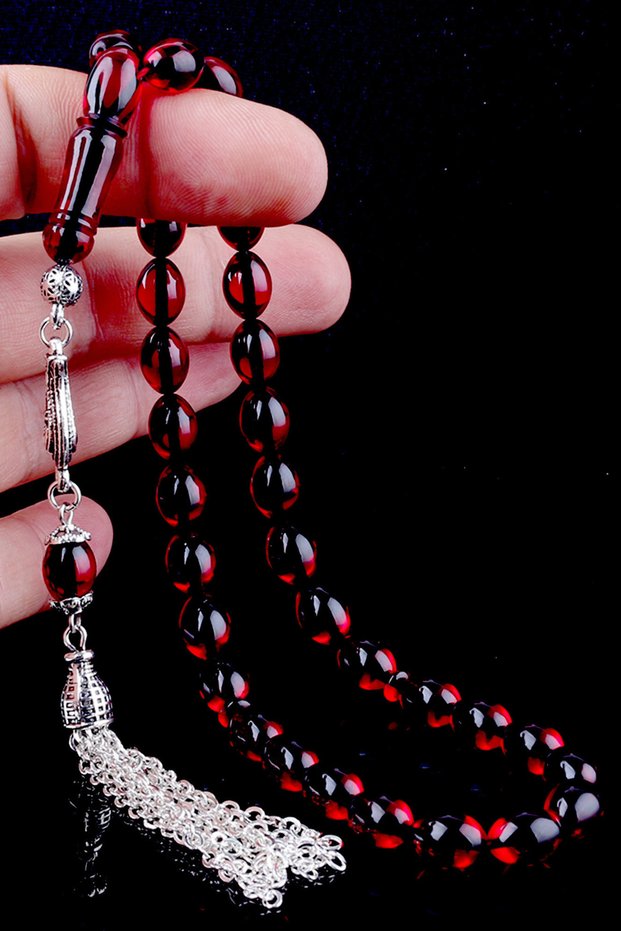 Vibrant Red (Al) Squeeze Amber Chain Tassel Prayer Beads