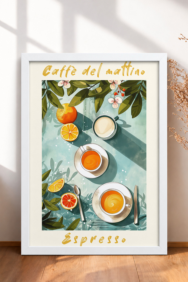 Caffè Del Mattino Espresso and Orange Framed Painting, Italy Poster, Wall Decor, Itp141.