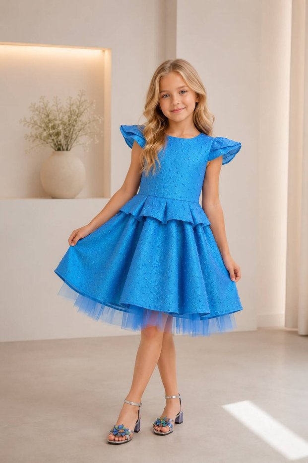 Girls' Evening Dress, Tulle, Ruffled Sleeves, Fluffy Skirt, Birthday, Special Occasion, Party Dress.