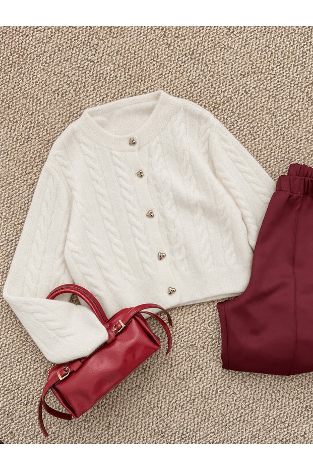 Knitted Cardigan with Hair Braid Detail - Ecru (Ös)