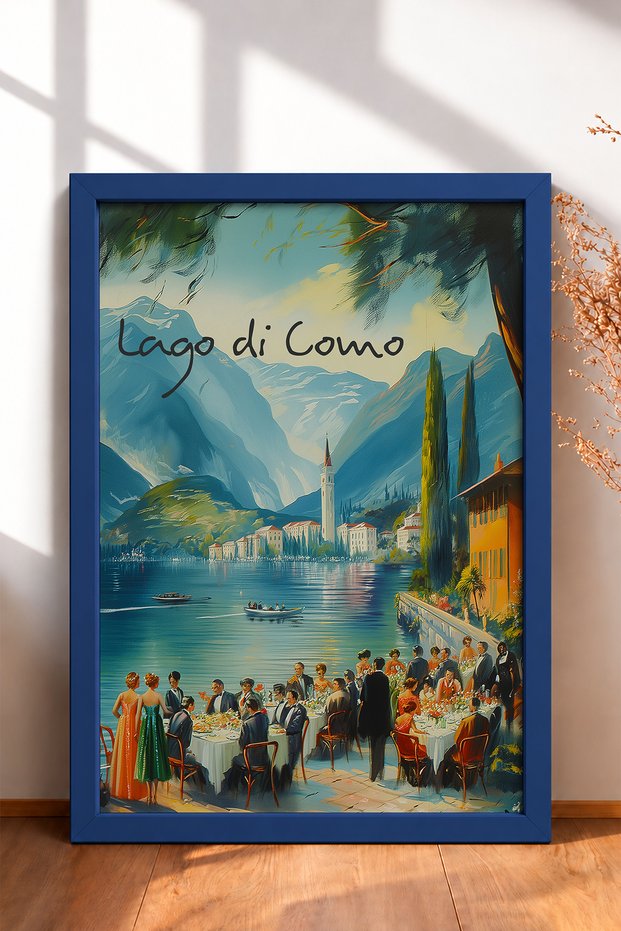 Dinner on the Lake Como, Framed Painting, Italy Poster, Living Room, Kitchen, Wall Decor, Itp134.