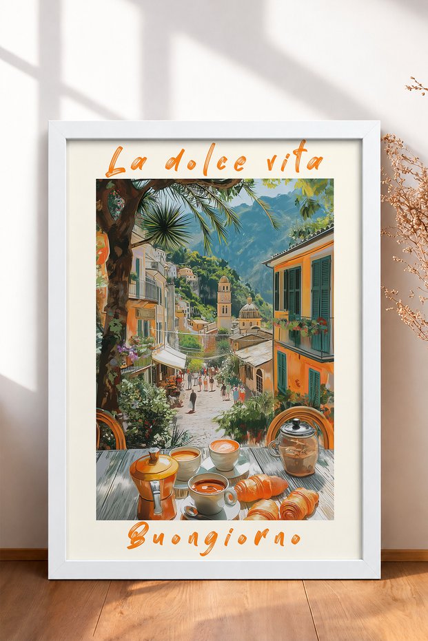 Buongiorno Kubbeli Street Kruvasan Framed Painting Italy Poster Living Room Kitchen Wall Decor Itp127