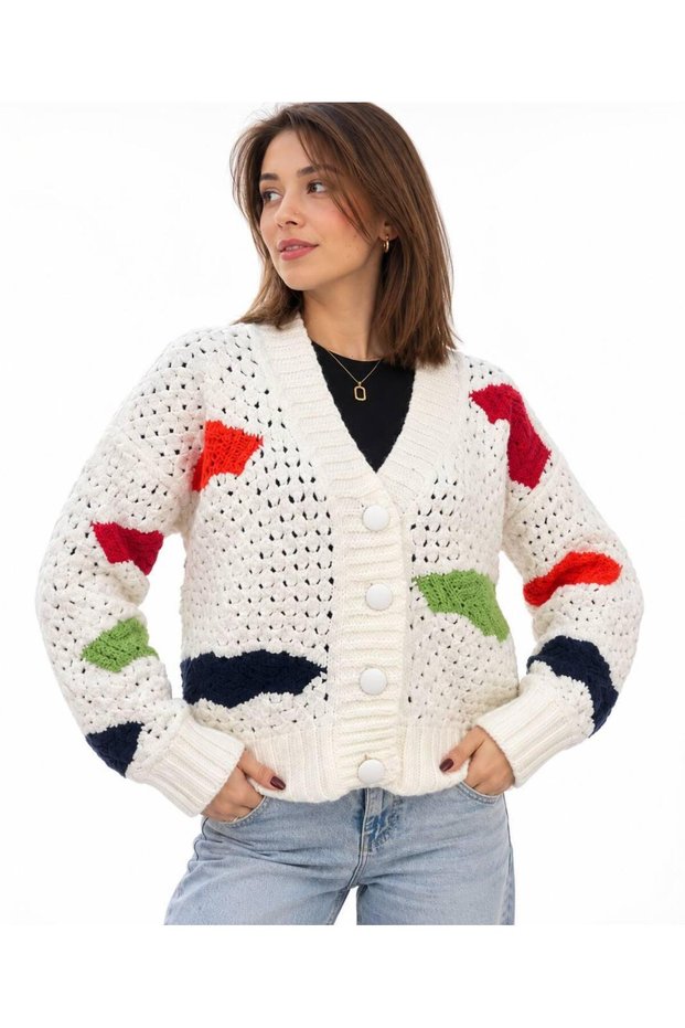 New Season Women's Colorful Geometric Pattern V-Neck Button-Down Oversized Knit Cardigan.