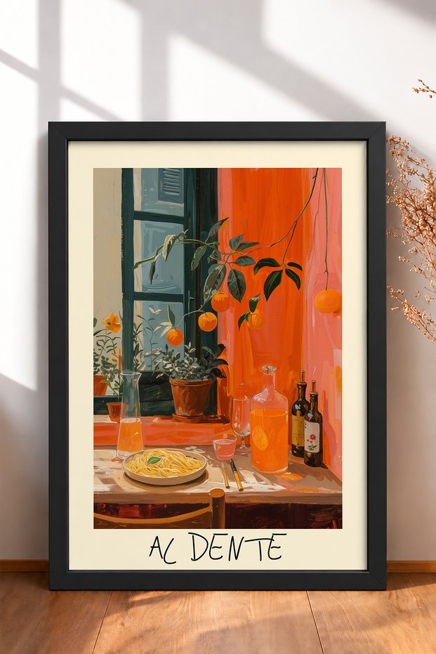 Al Dente Spaghetti and Orange Branches Framed Painting, Italy Poster, Wall Decor, Itp160.