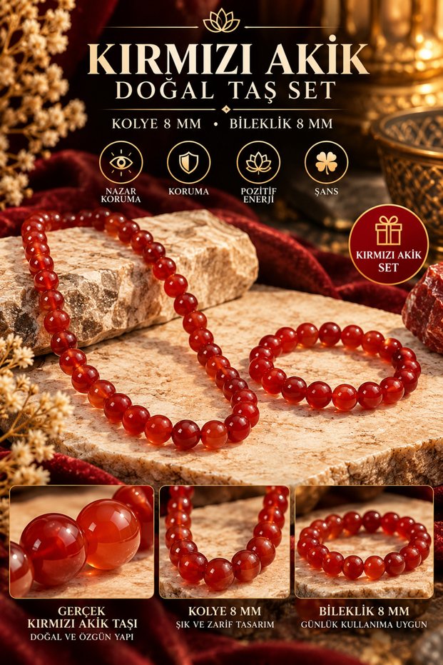 Red Agate Natural Stone Bracelet and Necklace Set (Genuine Stone) (Bracelet Size Options Available) (Necklace 40 cm)