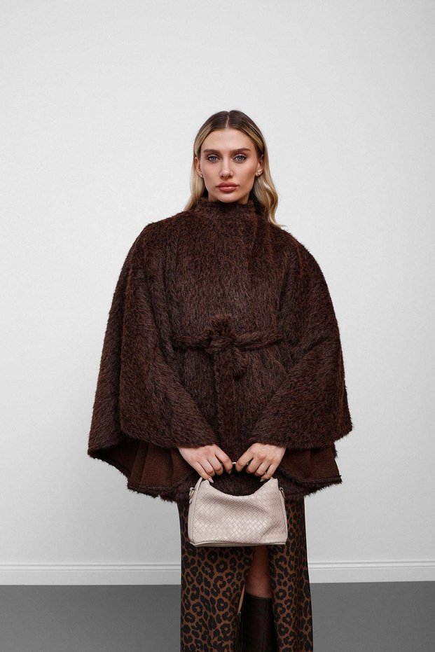 Brown-Belted Stand-Up Collar Faux Fur Oversized Poncho