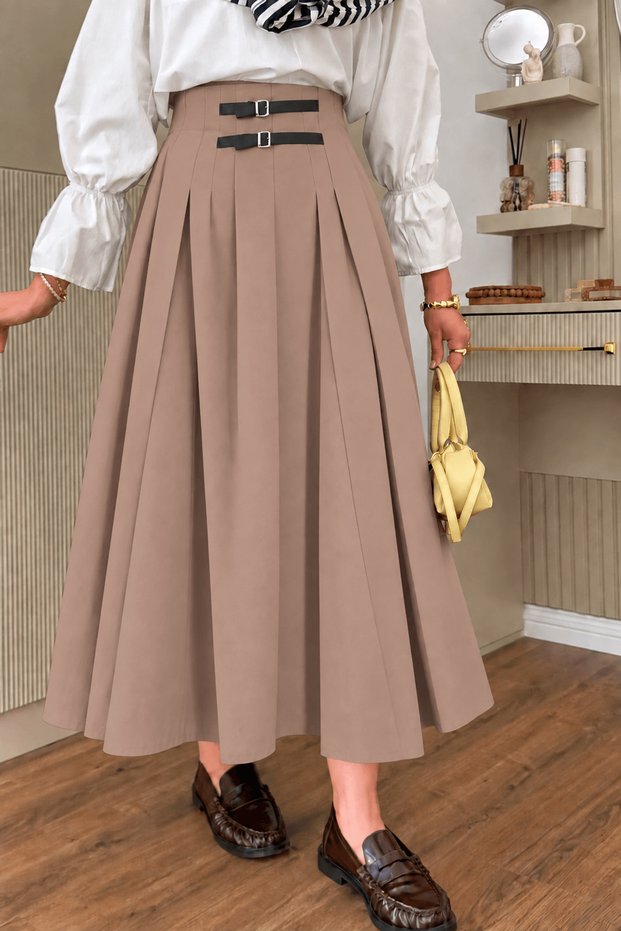 Double Belt Buckle Pleated Skirt - 110 - 20020 - Beige