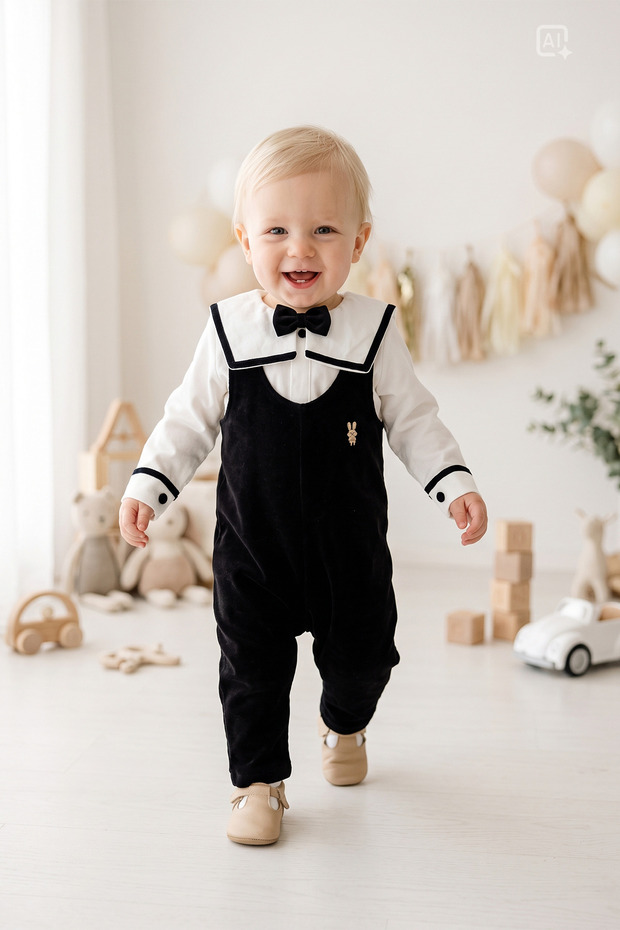 Boy's 100% Cotton Jersey Bodysuit with Bow Tie and Black Dungarees—3-Piece Set for Birthdays, Special Occasions, and Weddings