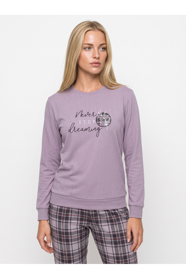 Women's Thermal Pajama Set, Lilac Plaid Pattern