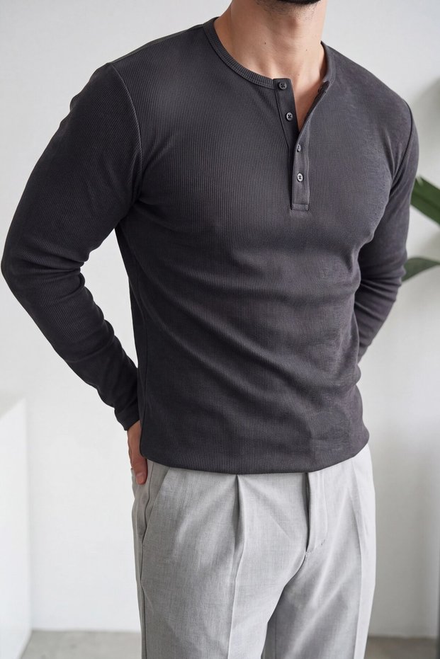Men's grey henley neck three-button ribbed regular fit slim sweatshirt.