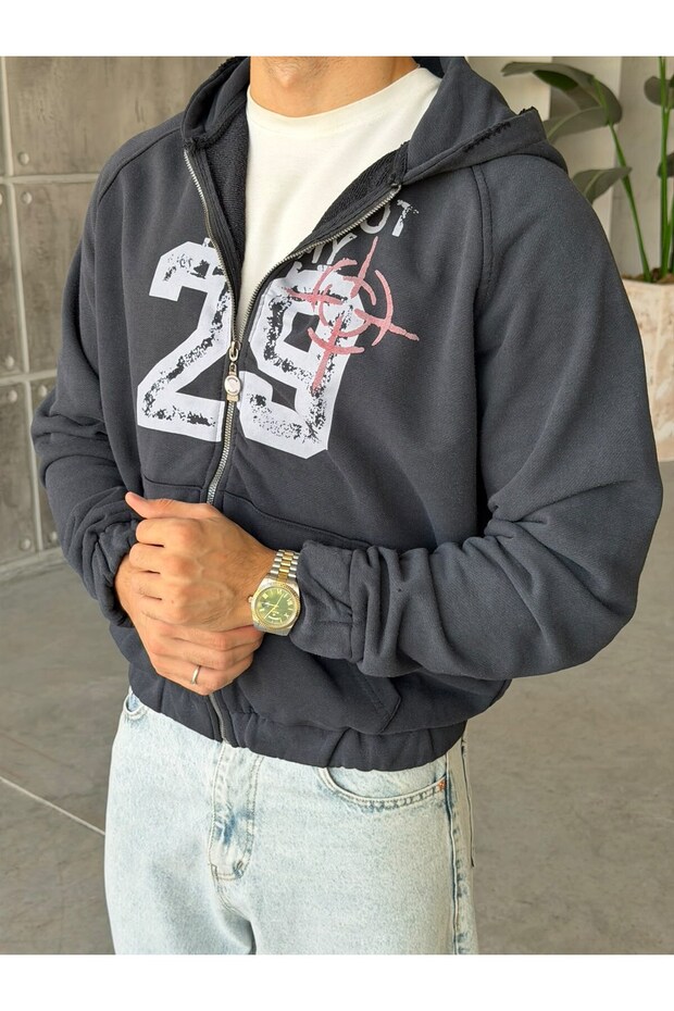 Shot Distressed Detailed Printed Oversized Hoodie with Zipper, Washed Navy Blue.