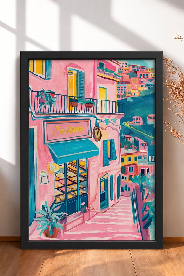 Positano Pink Shop with Signboard, Framed Poster, Italy Poster, Living Room, Kitchen, Wall Decor, Itp154.