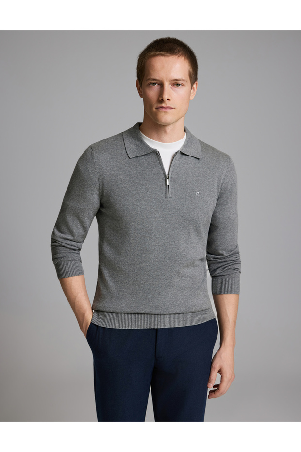 Gray Melange Slim Fit Zippered Polo Neck Basic Knit Sweater 50333917-Vr086
