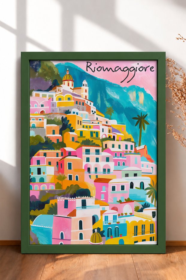 Riomaggiore Pastel-Colored Houses Framed Painting, Italy Poster, Living Room, Kitchen, Wall Decor, Itp159.