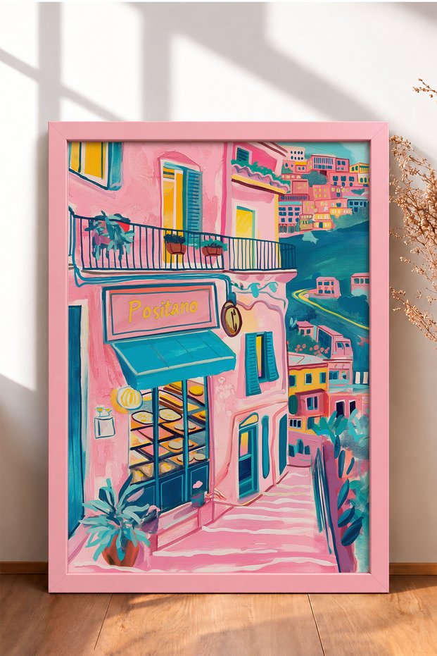 Positano Pink Shop with Signboard, Framed Poster, Italy Poster, Living Room, Kitchen, Wall Decor, Itp154.