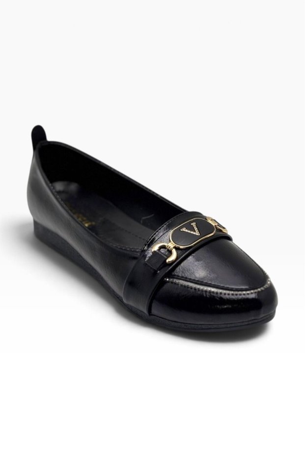C-Shoes Ys3008-27 Embossed Leather with Stone Detail, V-Shaped Buckle, Anatomical Women's Flats.