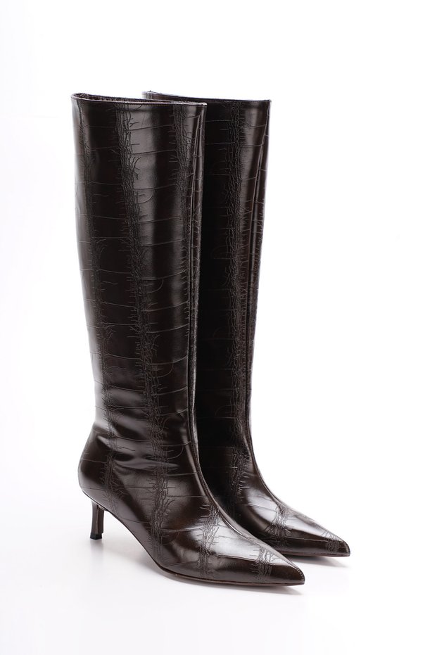 Women's Crocodile-Patterned Slim Short-Heeled Boots.