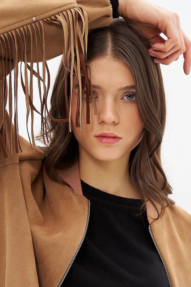 Suede Jacket with Tassel Detail on the Back, Camel Color, 13076.