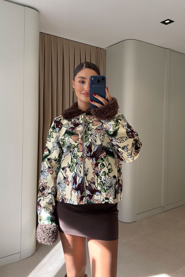 Imported Collar Detail Jacket with Fur Trim - BROWN