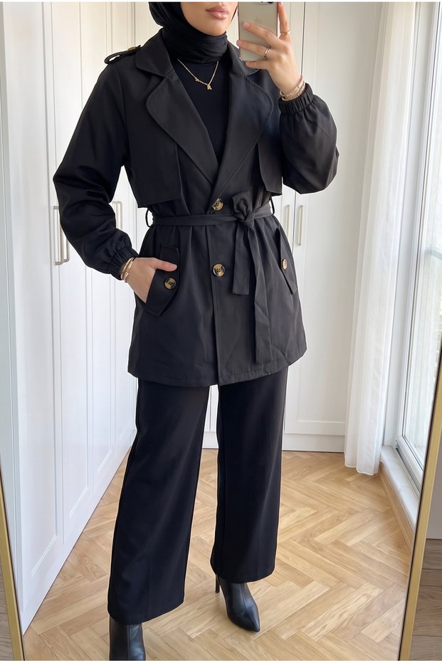 Women's Short Trench Coat with Elastic Sleeves and Belt, Modest Style Jacket.