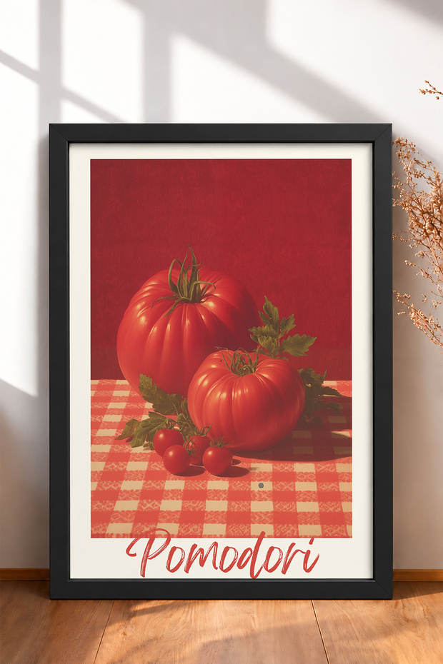 Tomatoes on a Checkered Background, Framed Painting, Italy Poster, Wall Decor, Itn013.