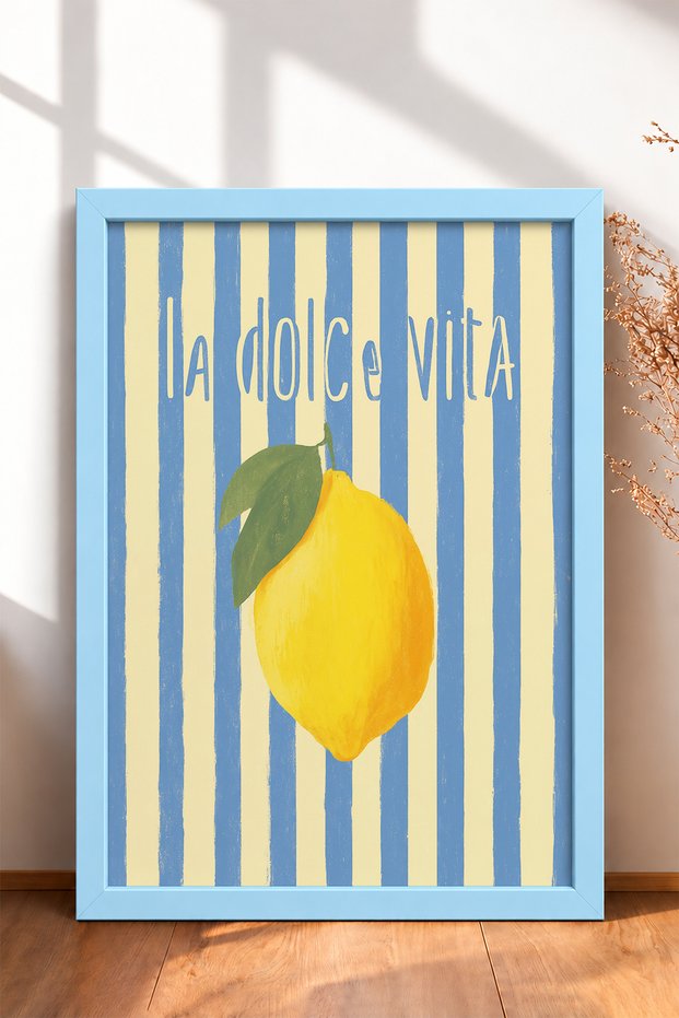 La Dolce Vita, Lemon-Patterned Frame with Leaf Design, Italy Poster, Living Room and Kitchen Wall Decor, Itn007.