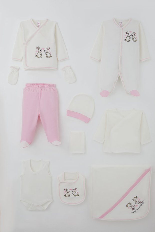 Baby Girl Hospital Outfit, 10-Piece Set, Cute Bunny Friends Embroidery, 0-3 Months, Ecru.