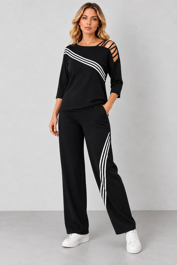 Women's Long-Sleeved, One-Shoulder, Cross-Strap Detail, Ribbed Viscose Two-Thread Blouse and Pants Set - New Season: Sporty Elegance and Modern Chic.
