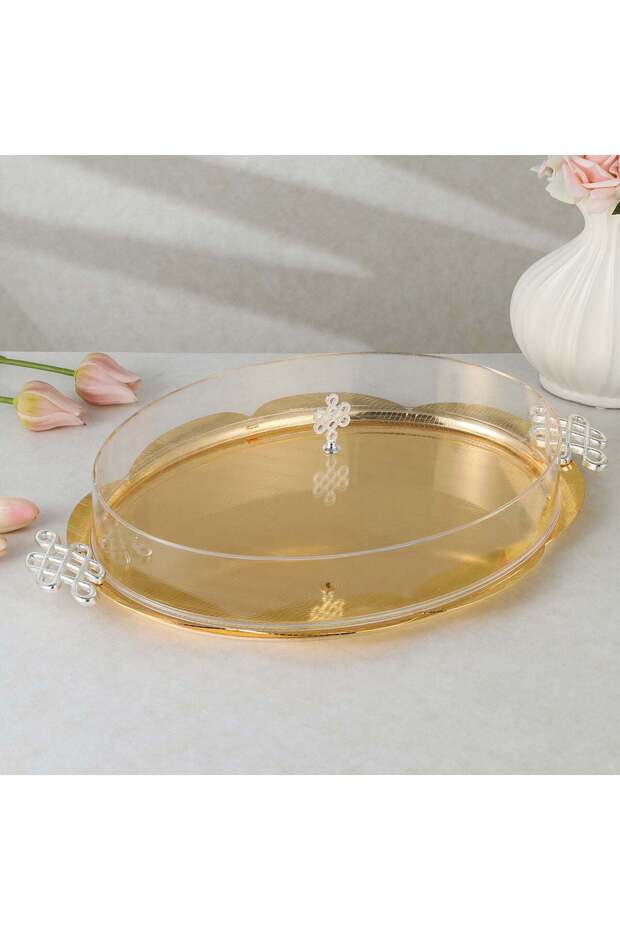 صينية تقديم فاخرة بغطاء - ذهبية - فضية.