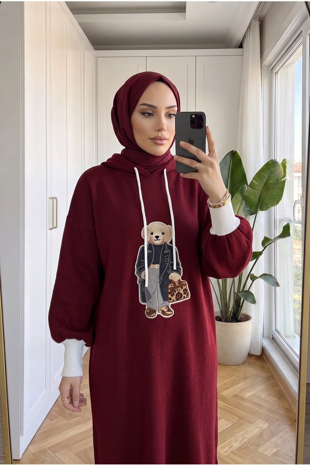 Women's Burgundy Hooded Oversized Long Knit Dress with a Teddy Bear Pattern.
