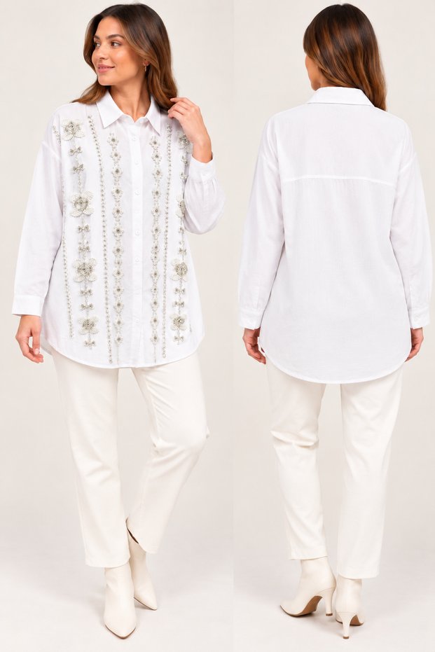 Women's Embroidered Oversized Shirt Tunic with Beaded Details, Long Sleeves, and Buttoned Closure.