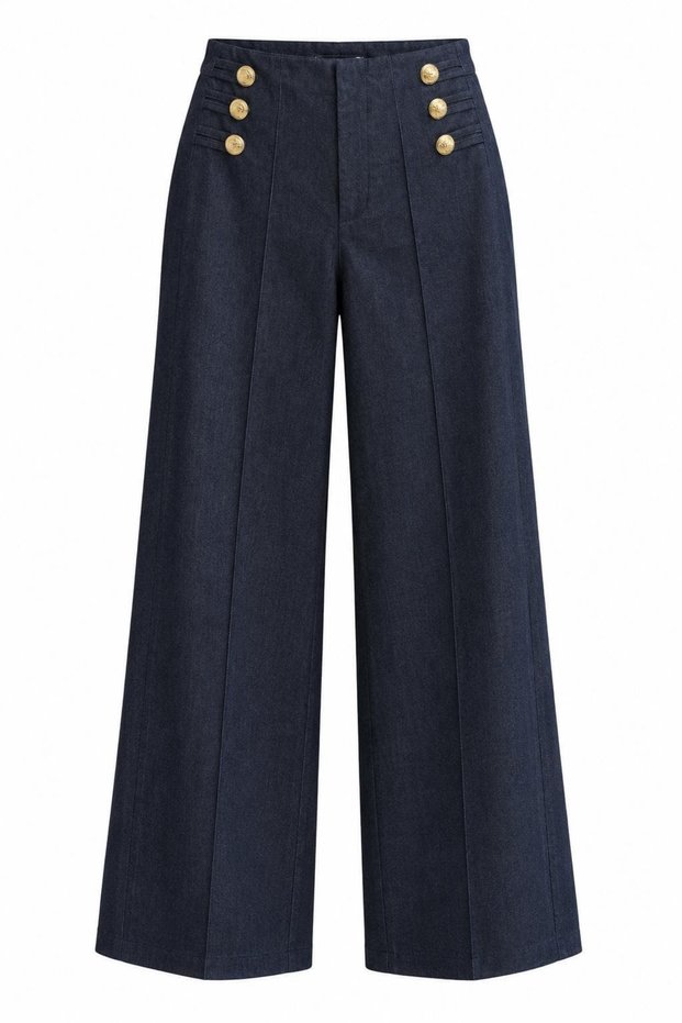 High-Waisted Palazzo Pants with Gold Button Details.