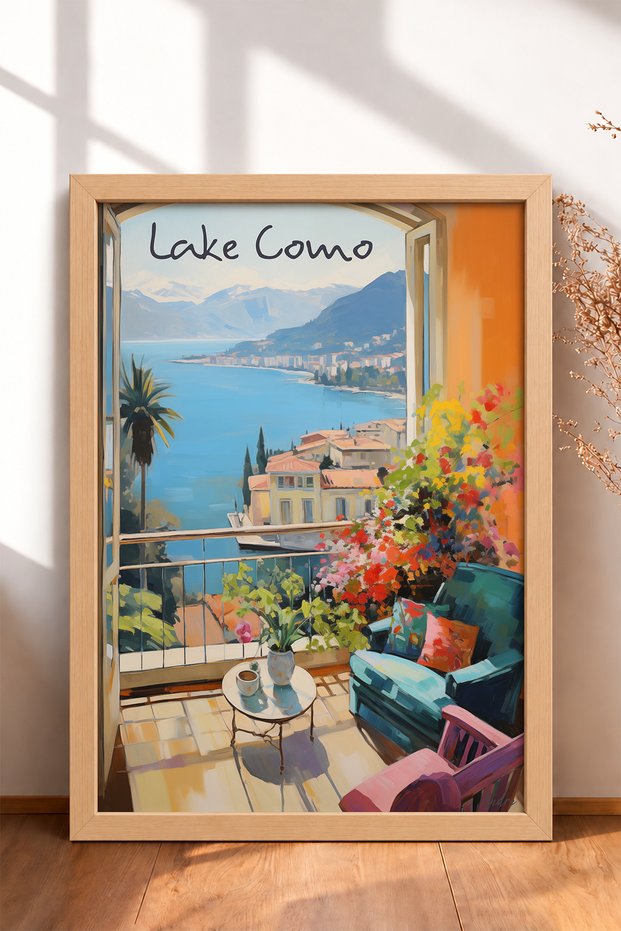 Lake Como, Flower-Patterned Balcony with a View, Framed Painting, Italy Poster, Living Room, Kitchen, Wall Decor, Itp179.