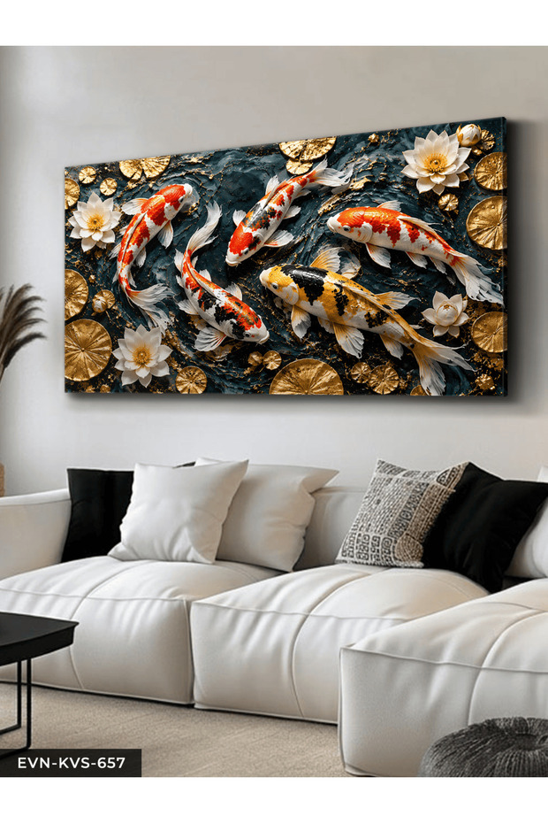 Textured Japanese Goldfish and Lotus One-Piece Canvas - Canvas Painting