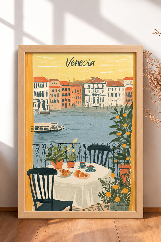 Venice, Written Palace, Scenic Breakfast, Framed Painting, Italy Poster, Wall Decor, Itn022.