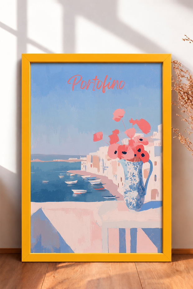 Portofino Coast and Poppies in a Pitcher – Framed Painting, Italy Poster, Wall Decor, Itn016.